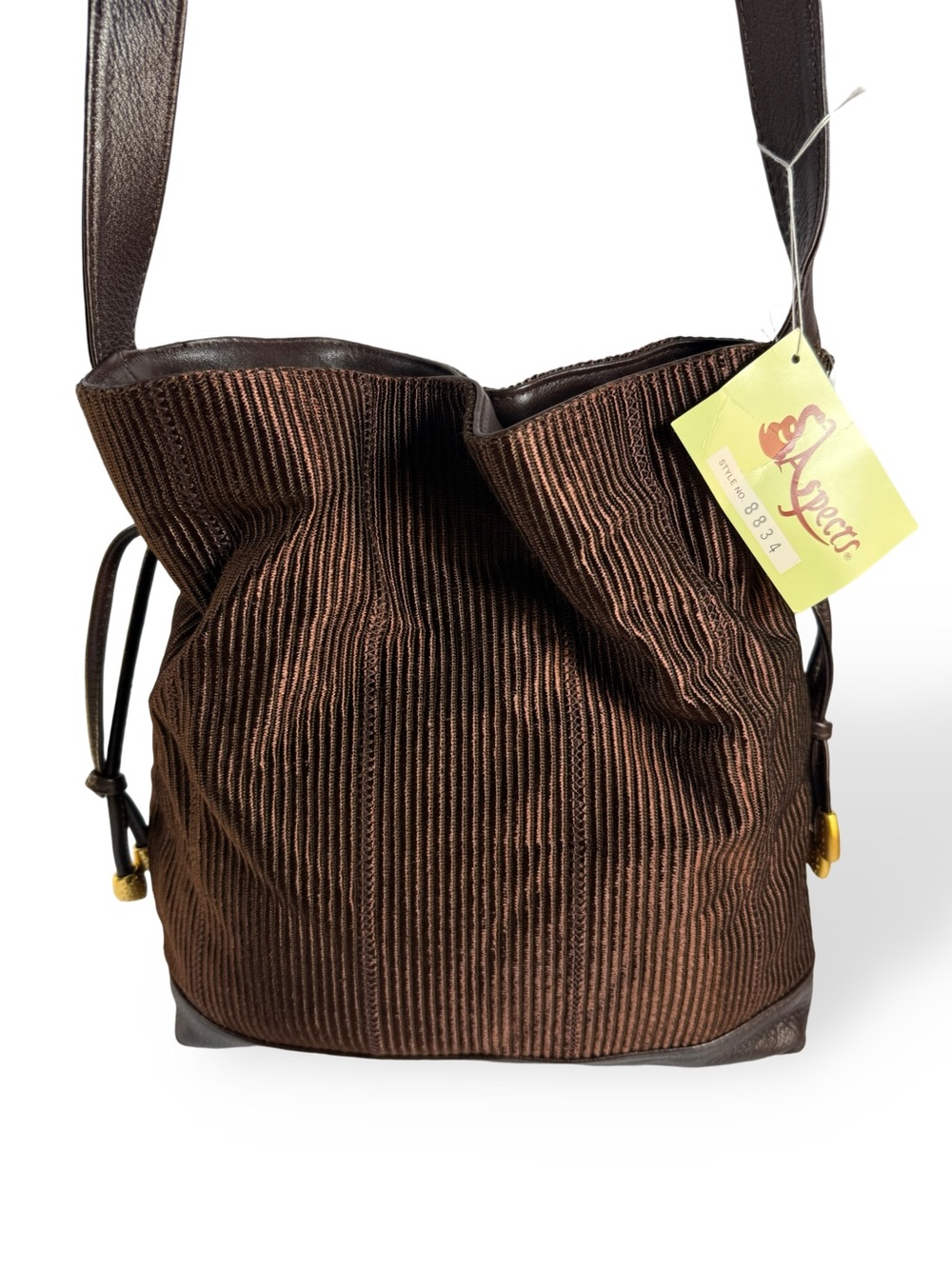 Aspects Textured Brown Ribbed Shoulder Bag with Tag Detail